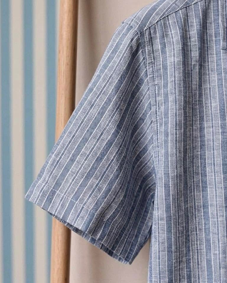 NWT $182 Mens FOLK Clothing Healey Linen & Cotton Blue Short Sleeve Shirt sz M