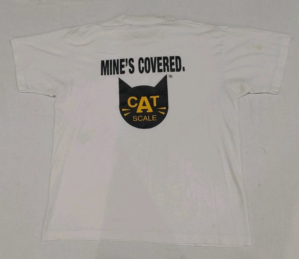 Vintage 90s CAT Brand Distressed White One Pocket FOTL TShirt Adult Size XL