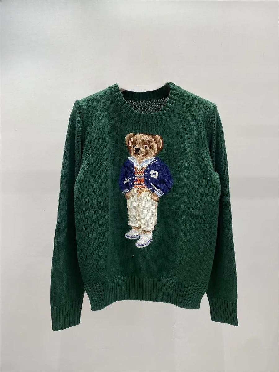 Handmade Embroidered Bear Sweater Crew Neck Cable Knitted