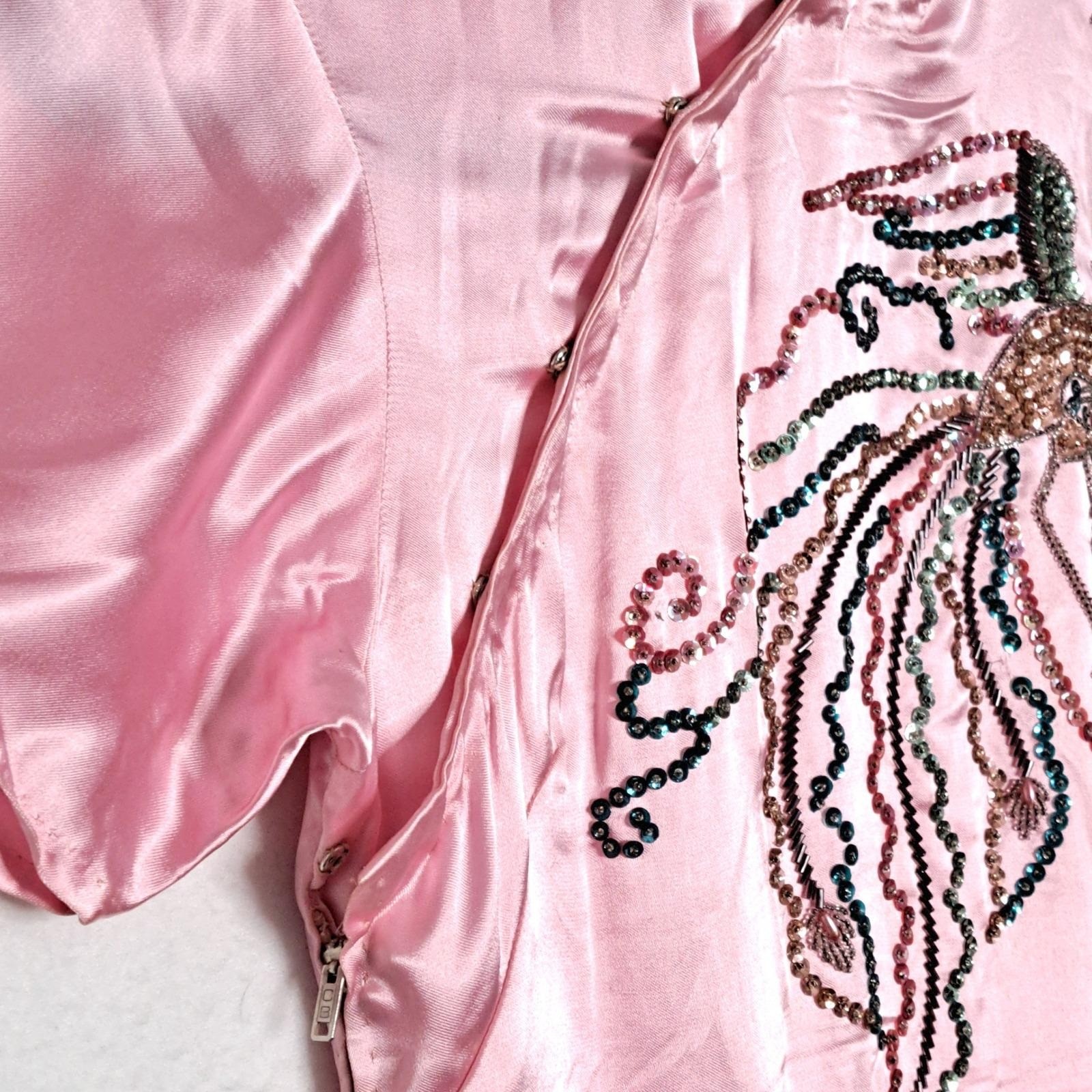 Vintage 50s 60s Pink Silk Satin Cheongsam Qipao Phoenix Sequin Beaded Dress S