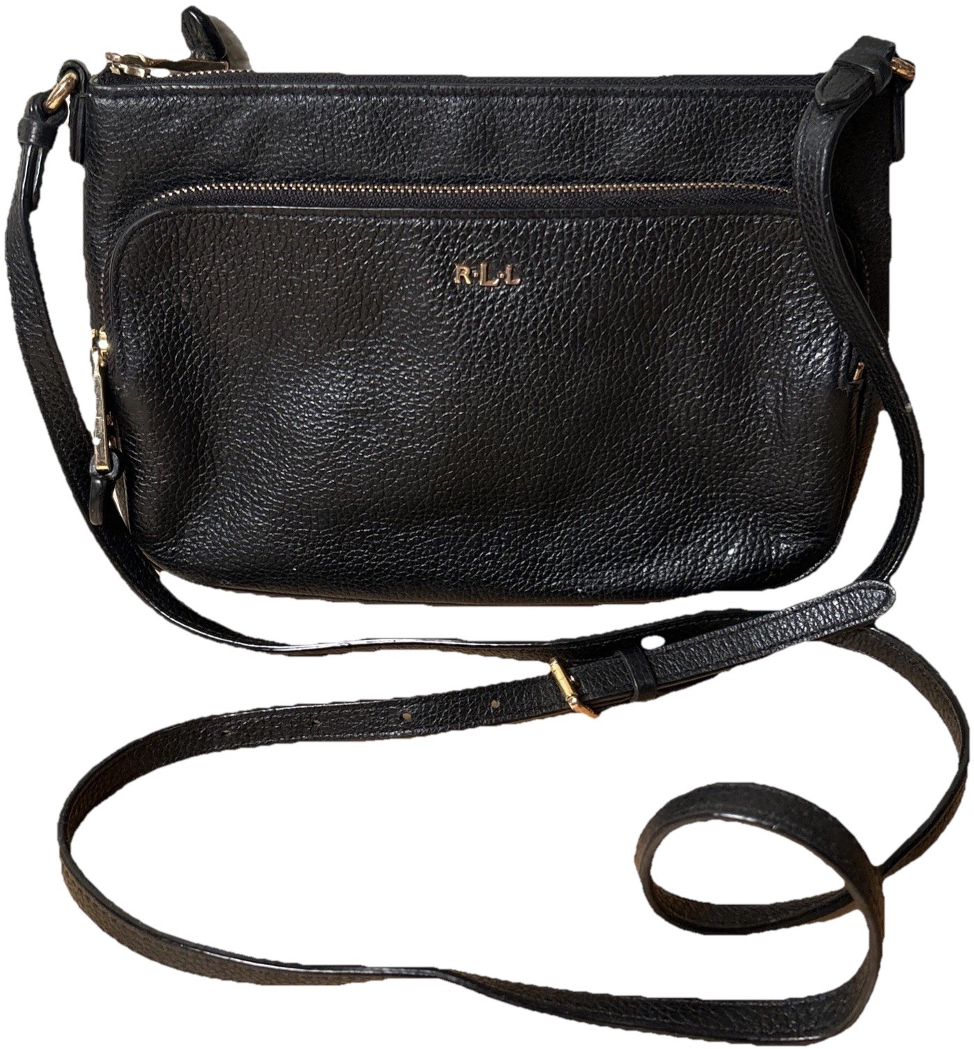 Lauren Ralph Lauren RLL Black Pebbled Leather Shoulder Bag Purse Gold Hardware