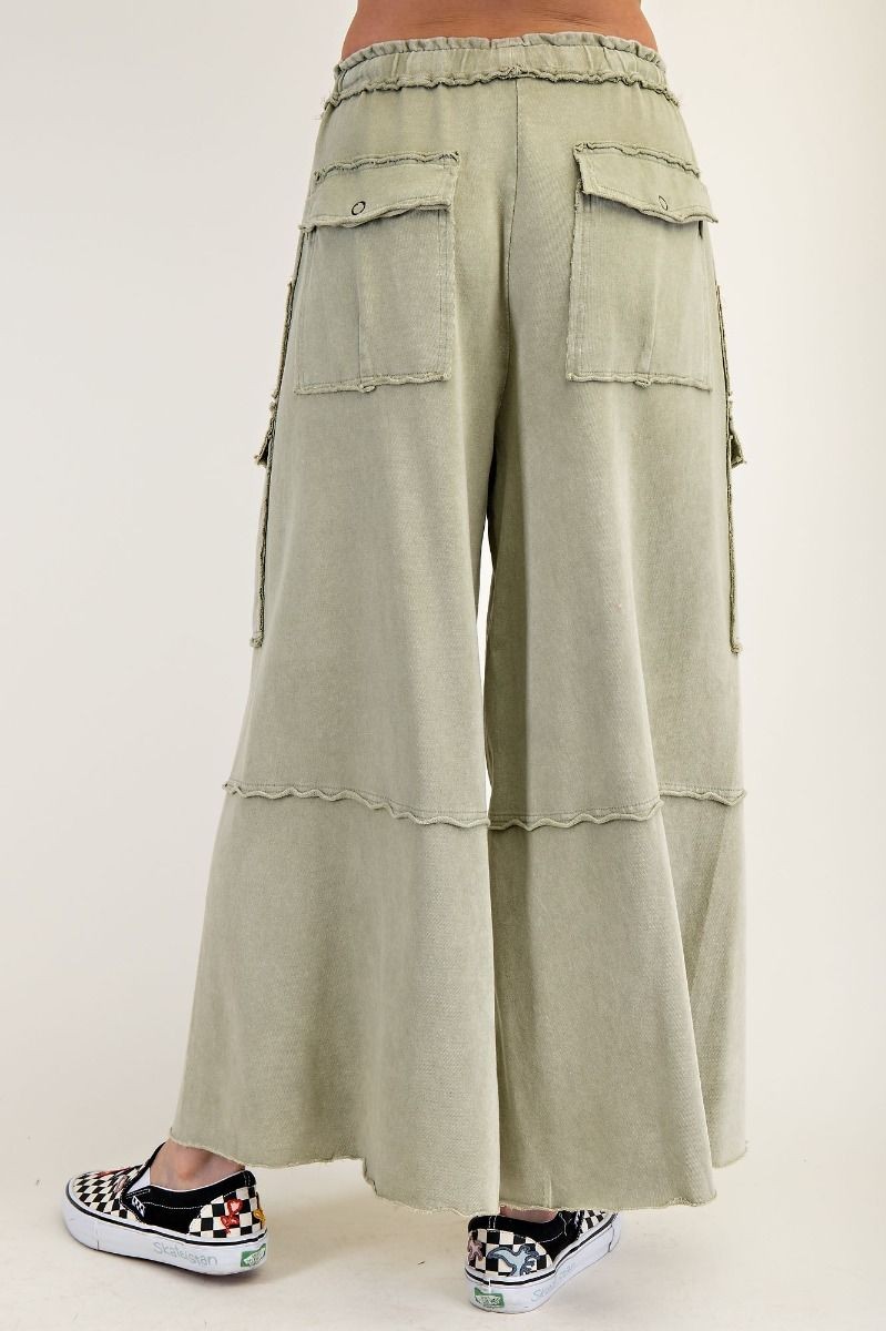 Easel Womens Utility Mineral Washed Wide Leg Terry Knit Cargo Pant- Faded Olive