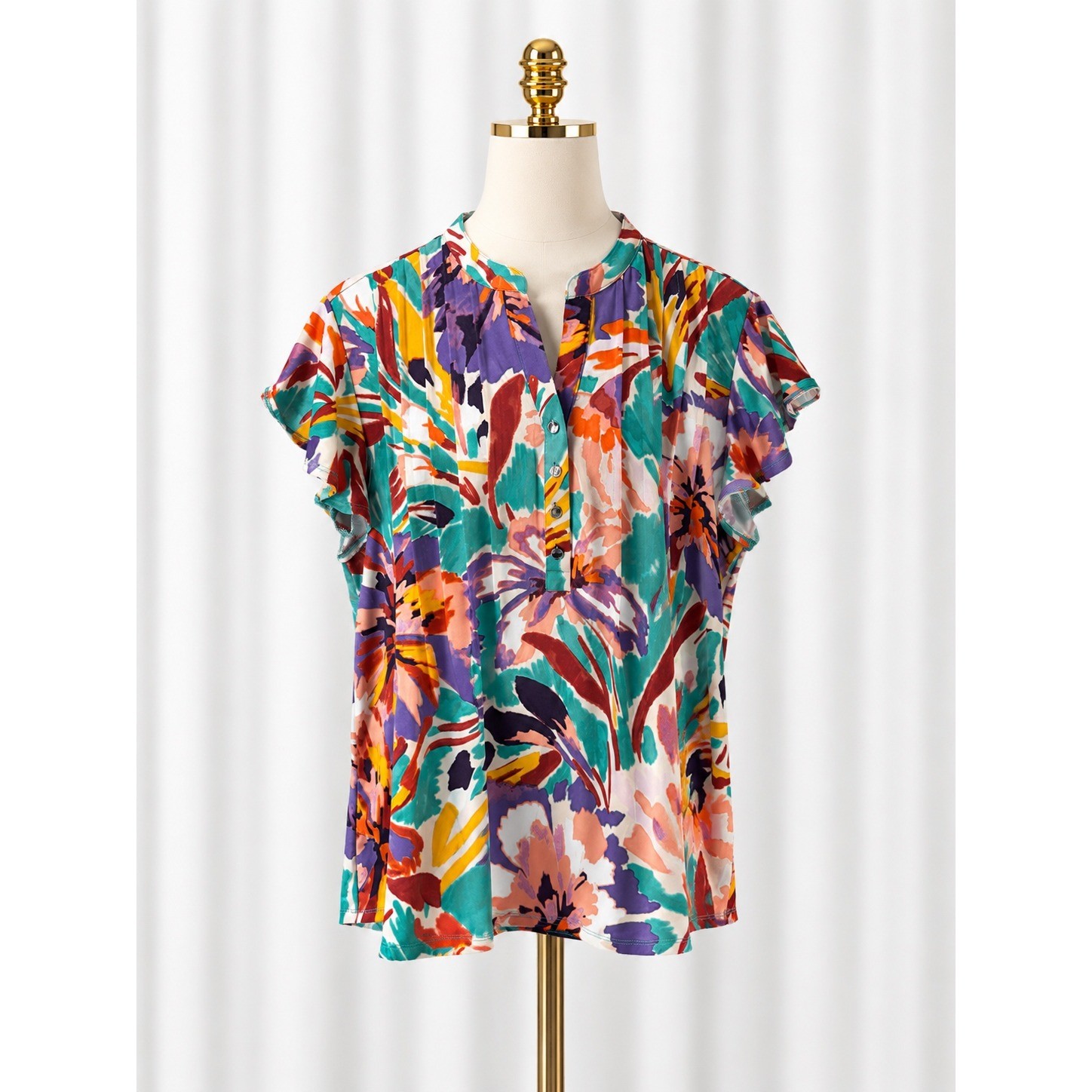New Ava & Grace Blouse Y-Neck Popover Top Size L Floral Abstract Flutter Sleeve