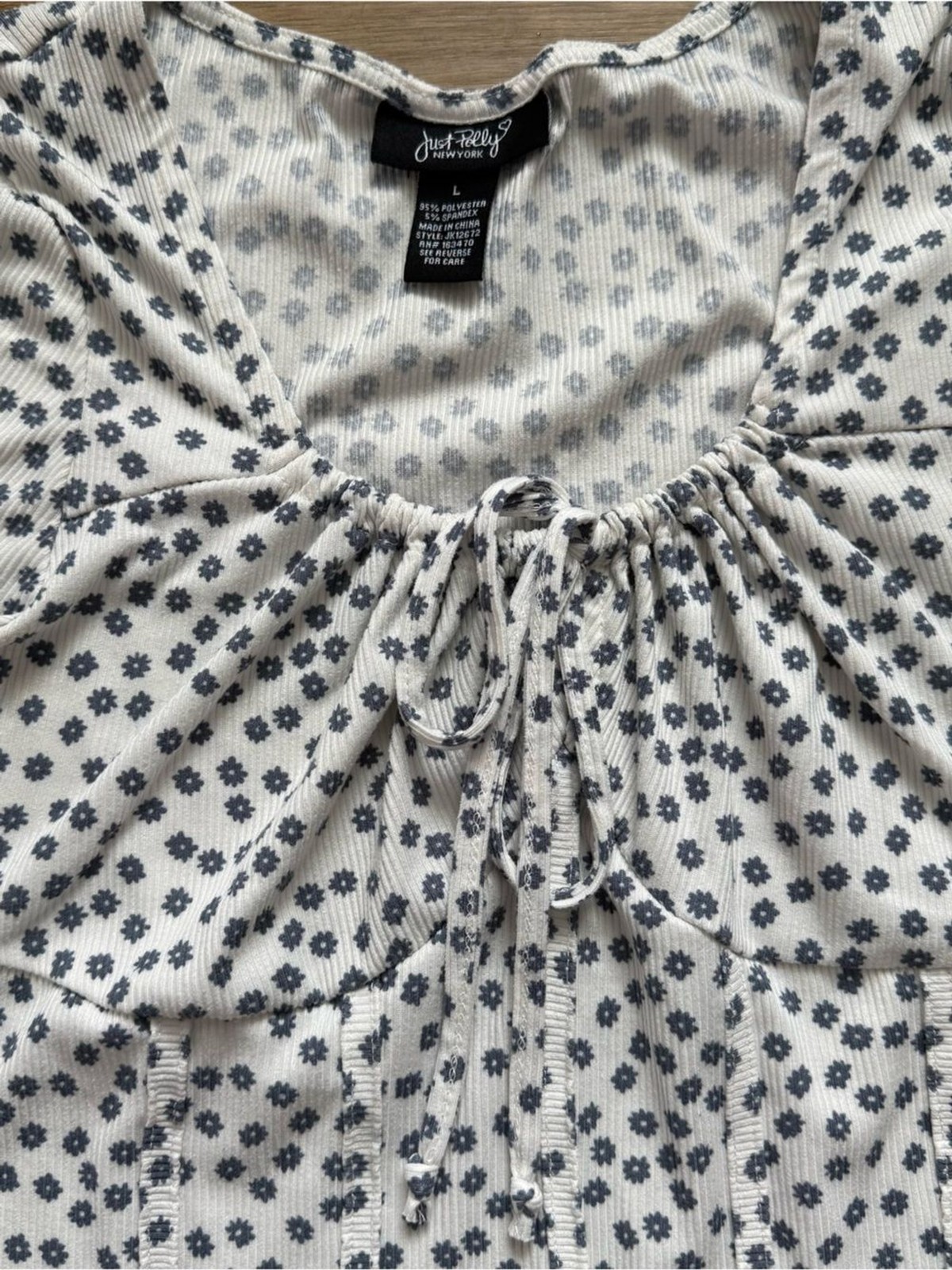 Just Polly Ditsy Floral White Blue L Milkmaid Corset Tie Front Top Coquette
