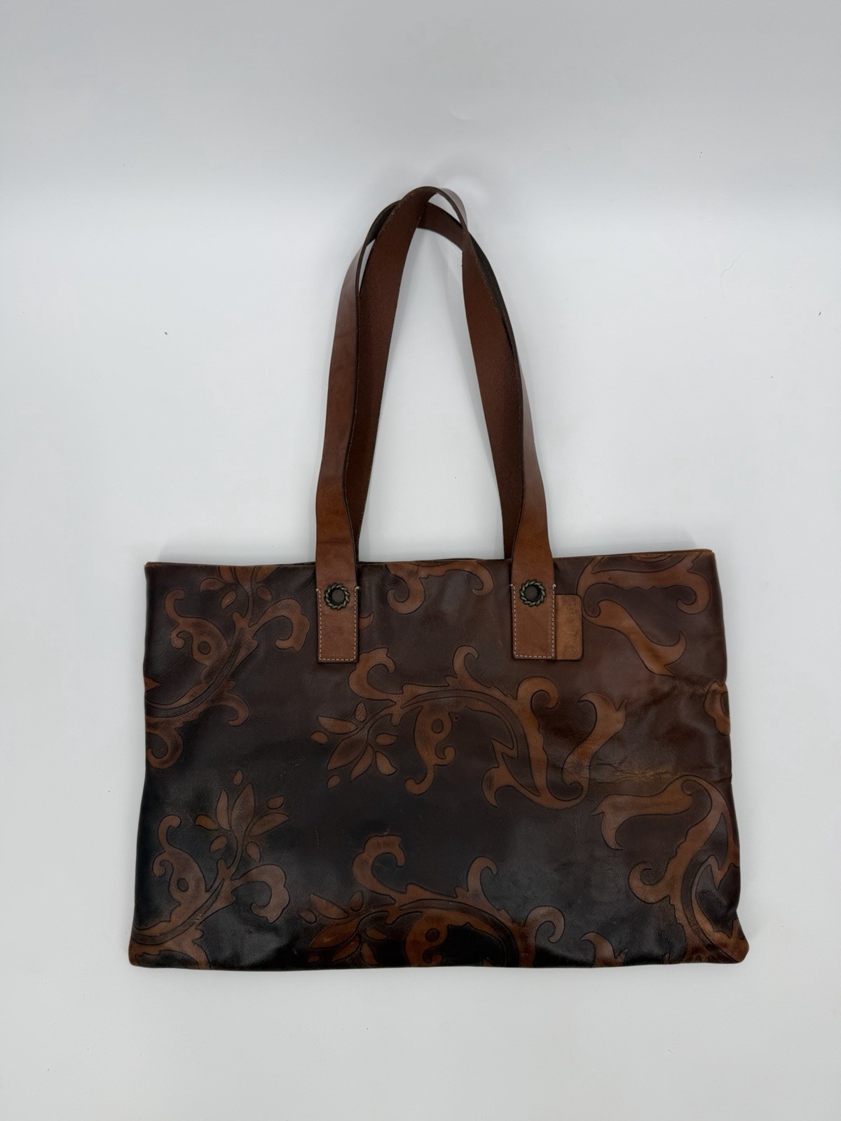 Falor Le Borse Leather Tote Tooled Embossed Brown Purse Bag Made in Italy 16×11