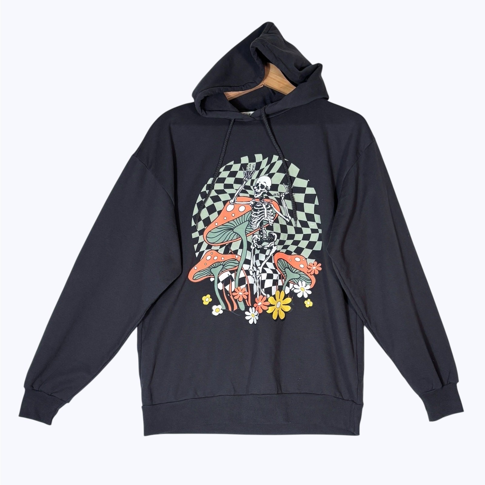 Mushroom & Skeleton Graphic Hoodie Sz M Cut & Paste Psychedelic Checkerboard