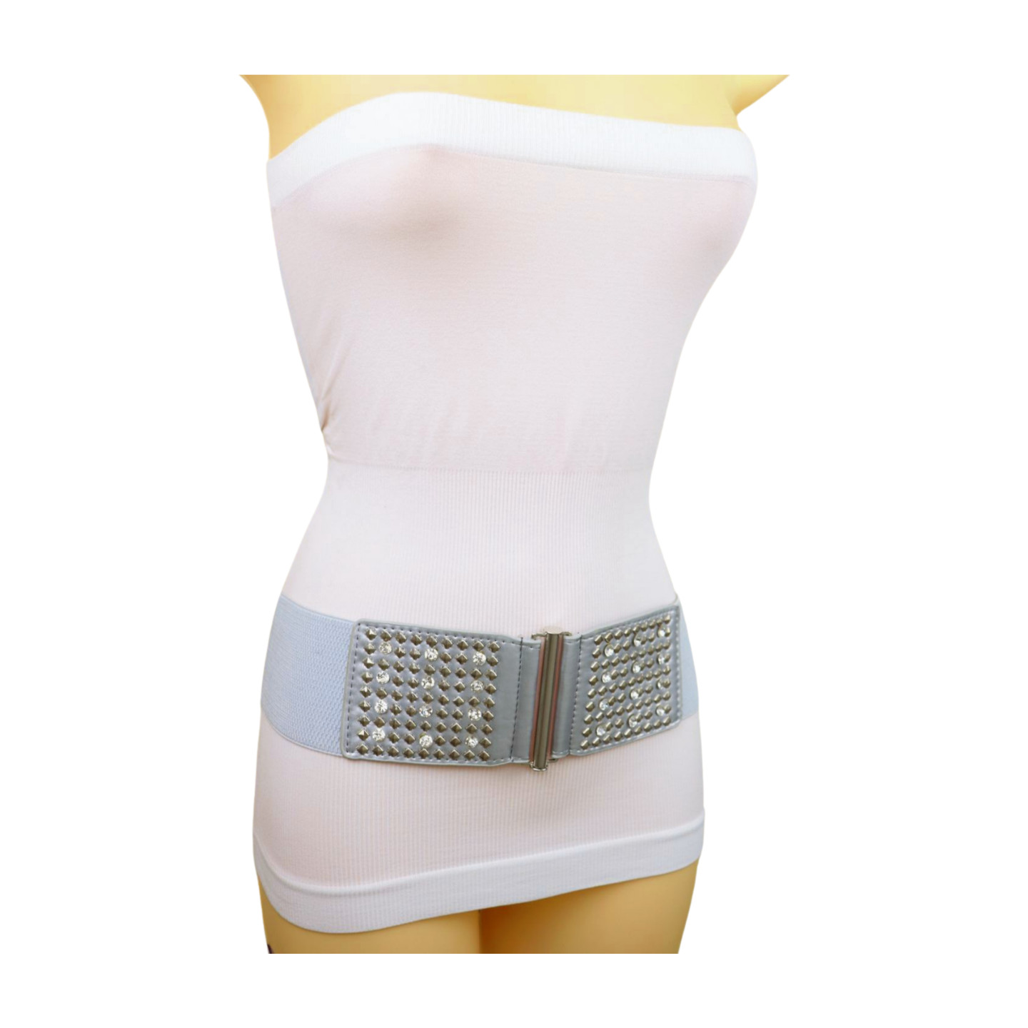 Women Silver Elastic Wide Waistband Fashion Teen Style Belt Metal Studs Fit S M