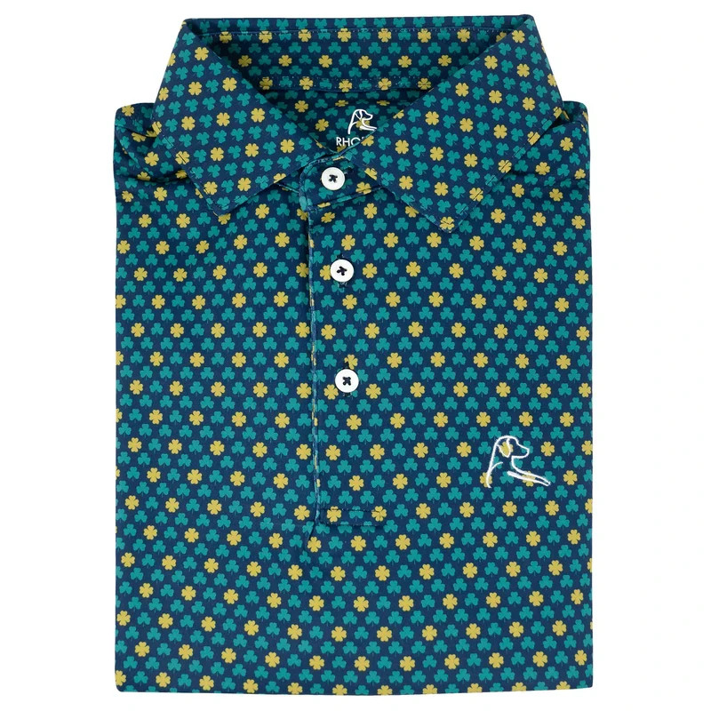 new!! 🍀Rhoback Four Leaf Admiral Navy Polo: Non-Bacon Collar Clover Graphic Top
