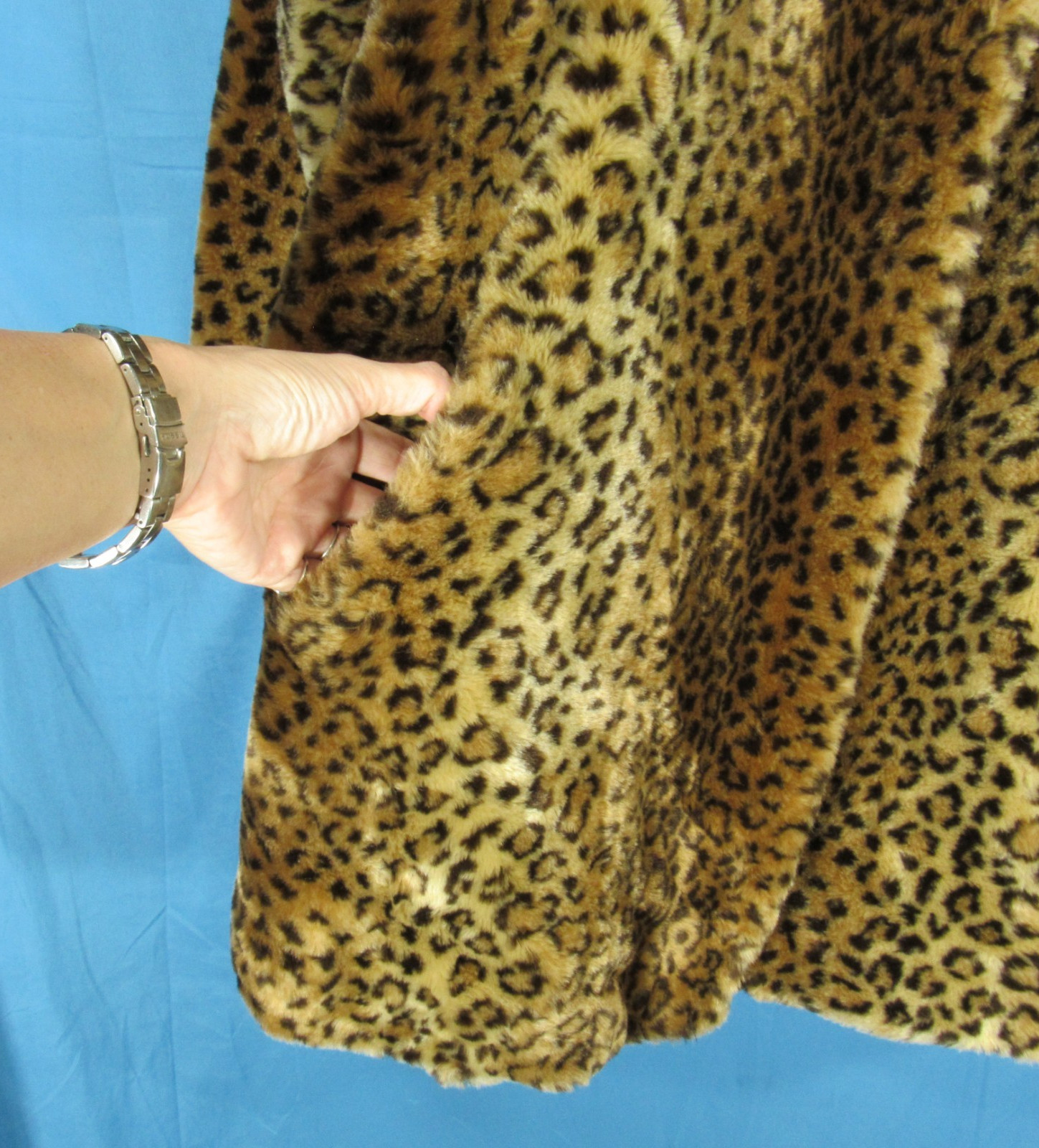 DENNIS BASSO Brown LEOPARD FAUX FUR Zip/Hook & Eye POCKETS Hooded JACKET Sz M