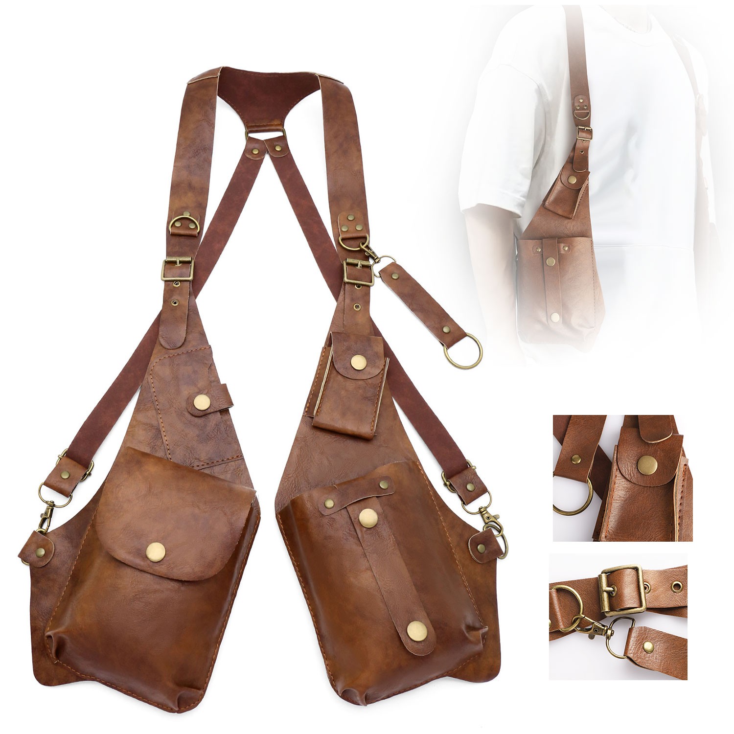 Adjustable Strap Holster Vest Bag PU Leather Double Shoulder Armpit Bag Hidden