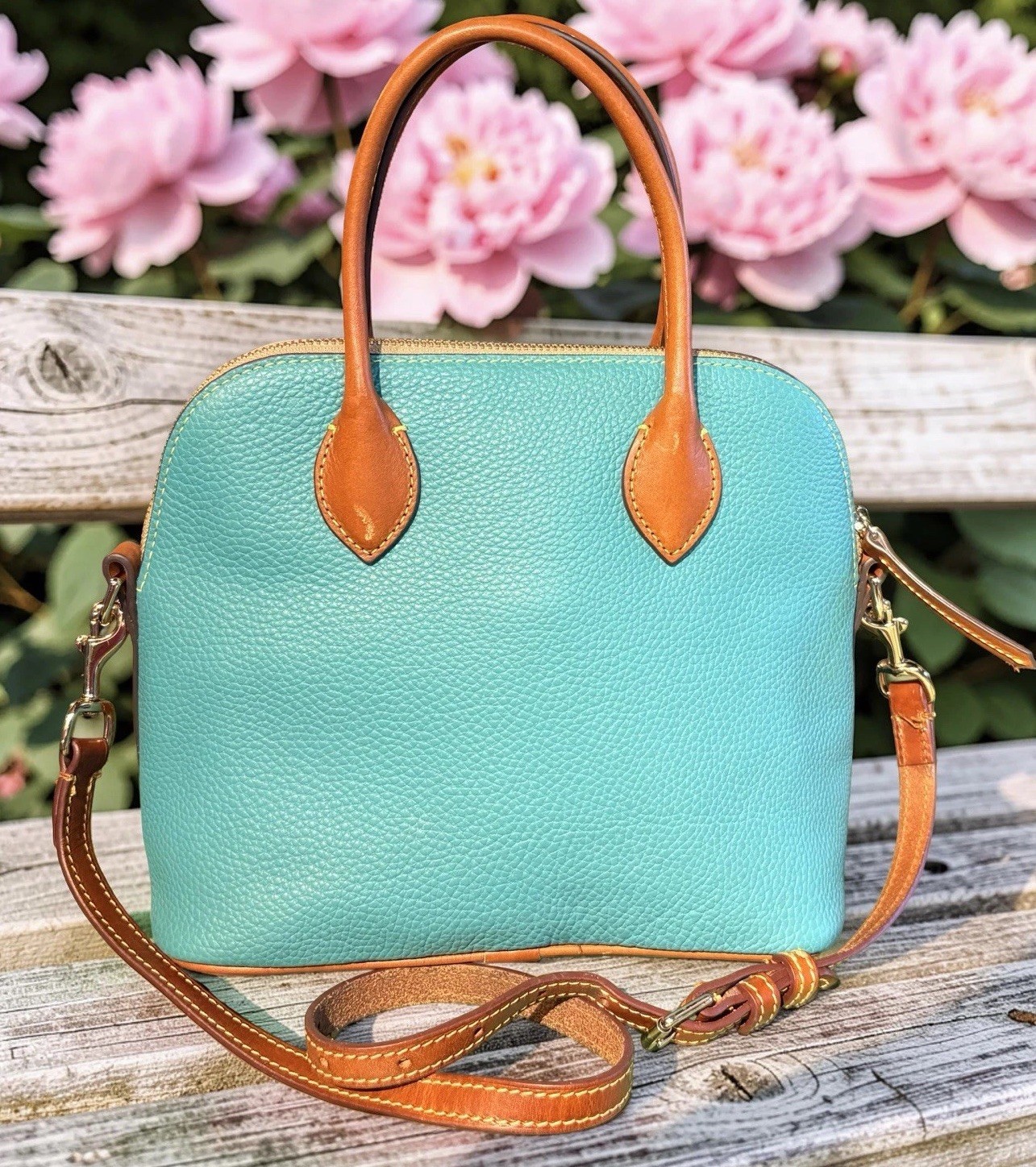 Dooney Bourke Spearmint Turquoise Green Domed Satchel Bag Pebbled Leather Purse