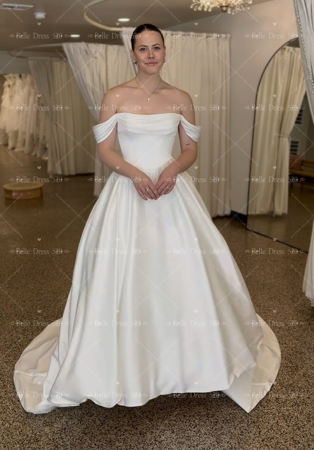 Stain Wedding Dresses with Sweep Train Off The Shoulder Sleeveless Bridal Gown