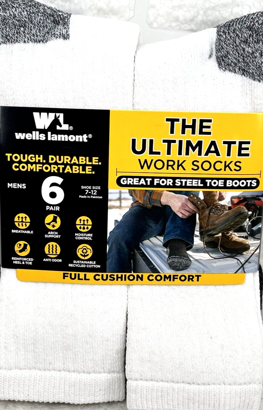 Wells Lamont Men’s Work Crew Socks 6-Pk White/Gray Great For Steel Toe Boots