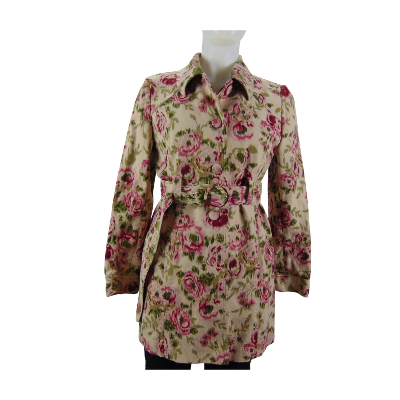 Madison Studio Floral Romantic Rose Print Belted Trench Coat Size 10 Cotton