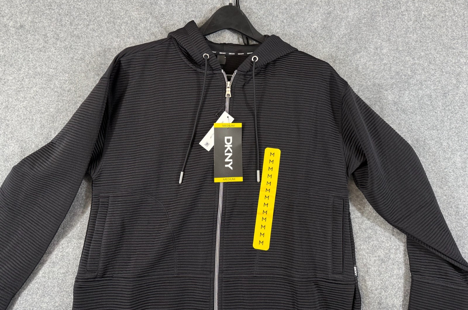 DKNY Ottoman Full Zip Hoodie Womens Medium Black Stretch Lined Drawstring NWT