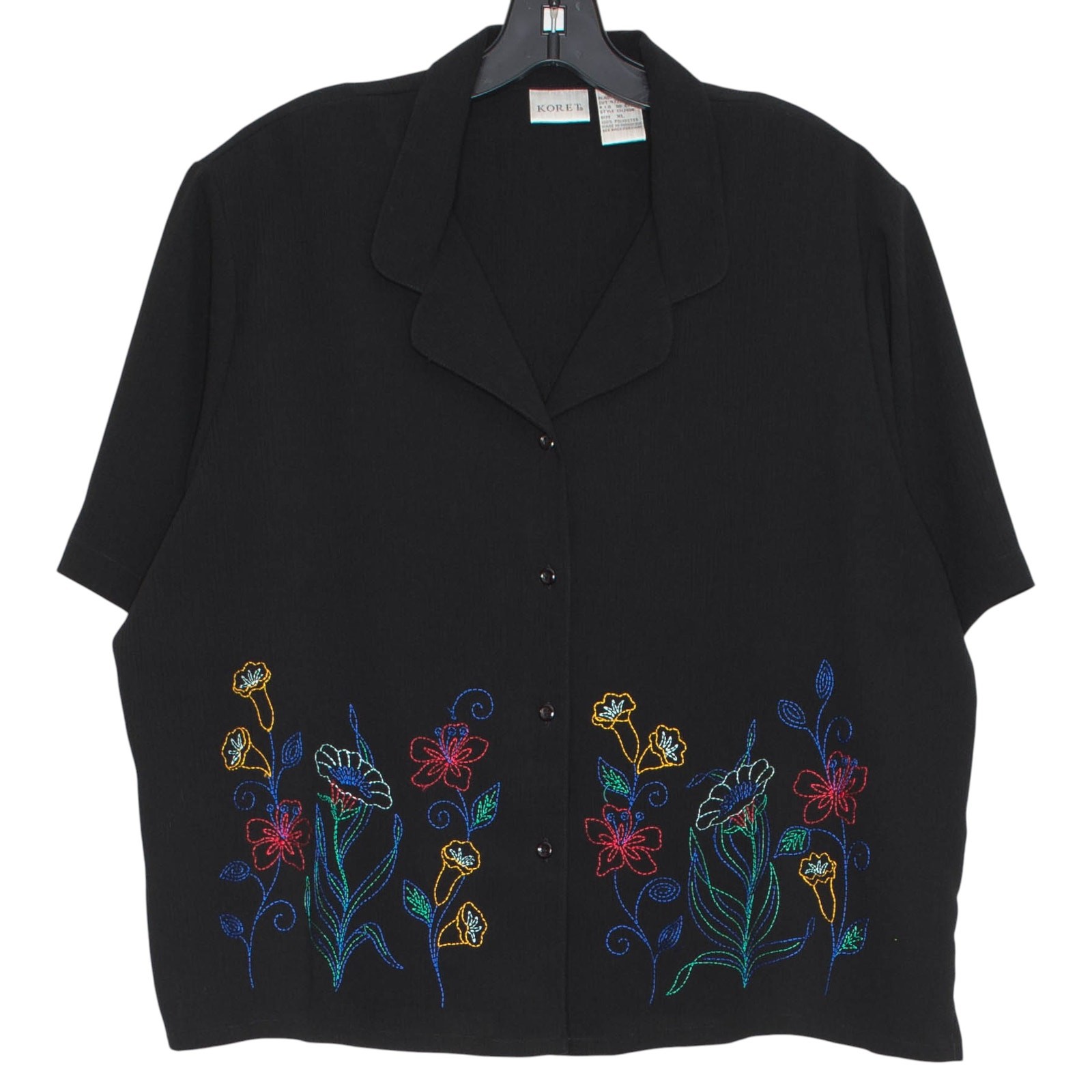 Vintage Top Embroidered Floral Crinkle Button Up Camp Cottagecore 90s Black XL