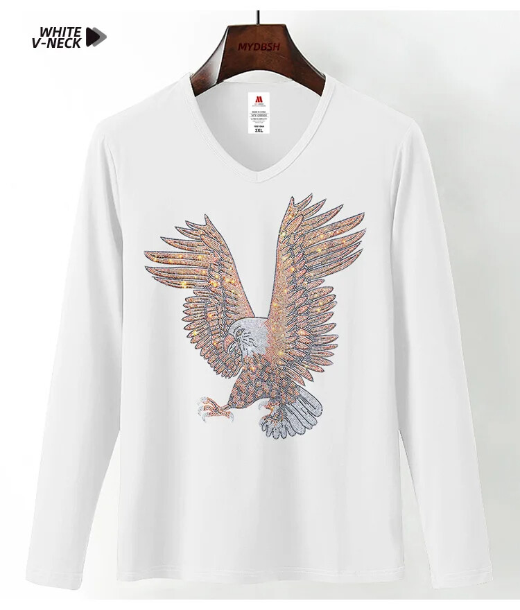 Fashion Trend Eagle Rhinestones Streetwear Long Sleeve Luxury Men V-Neck T-Shirt