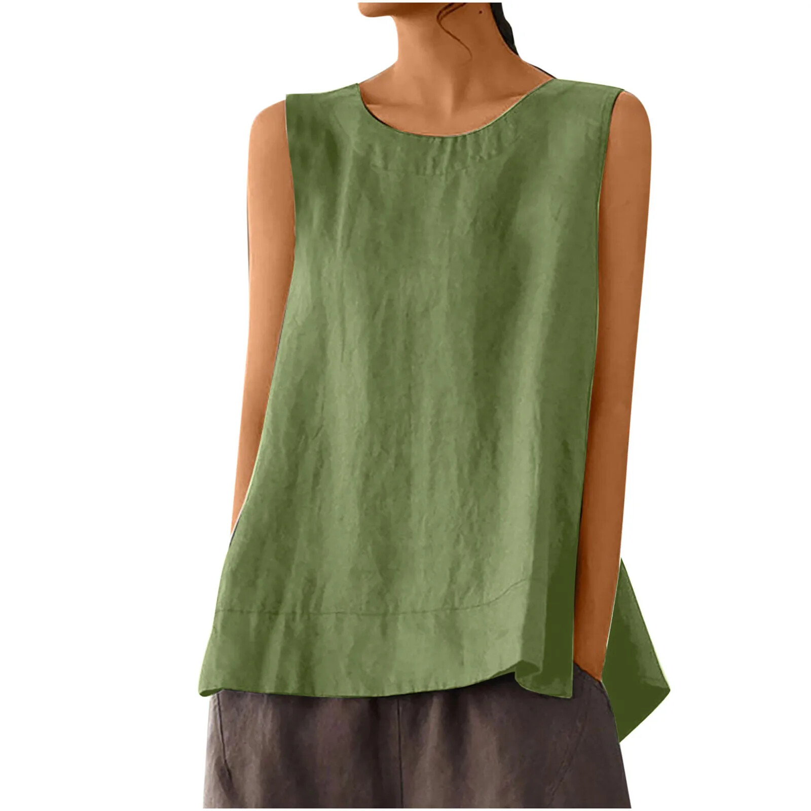 Solid Color Casual Cotton Linen Sleeveless Round Neck Soft and Breathable Top