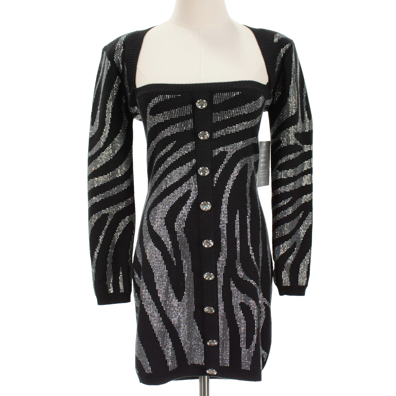 Retrofete NWD Elvira Knit Dress Size Medium Black/Silver Zebra Print w/ Crystals