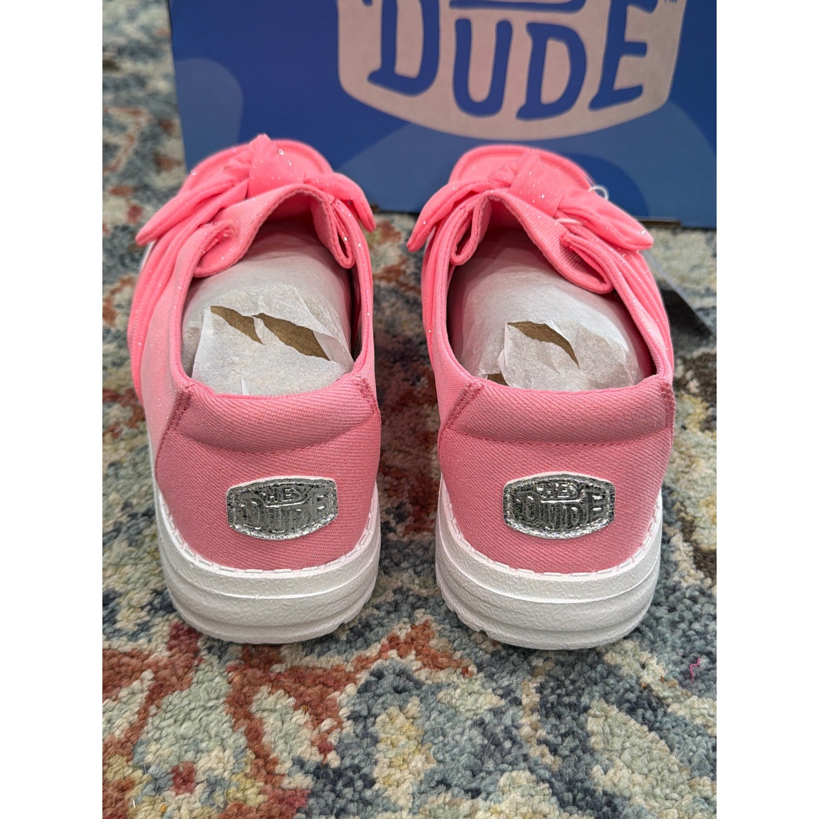 Hey Dude Wendy Bow Stardust Girls Size J5 Pink Glitter Slip On Moccasin NWT