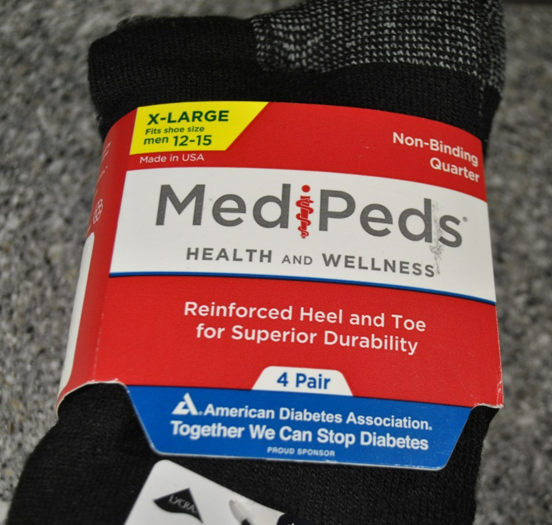 MediPeds Diabetic Non-Binding Crew Sock Men’s Size XL 4 Pair Black, NWT