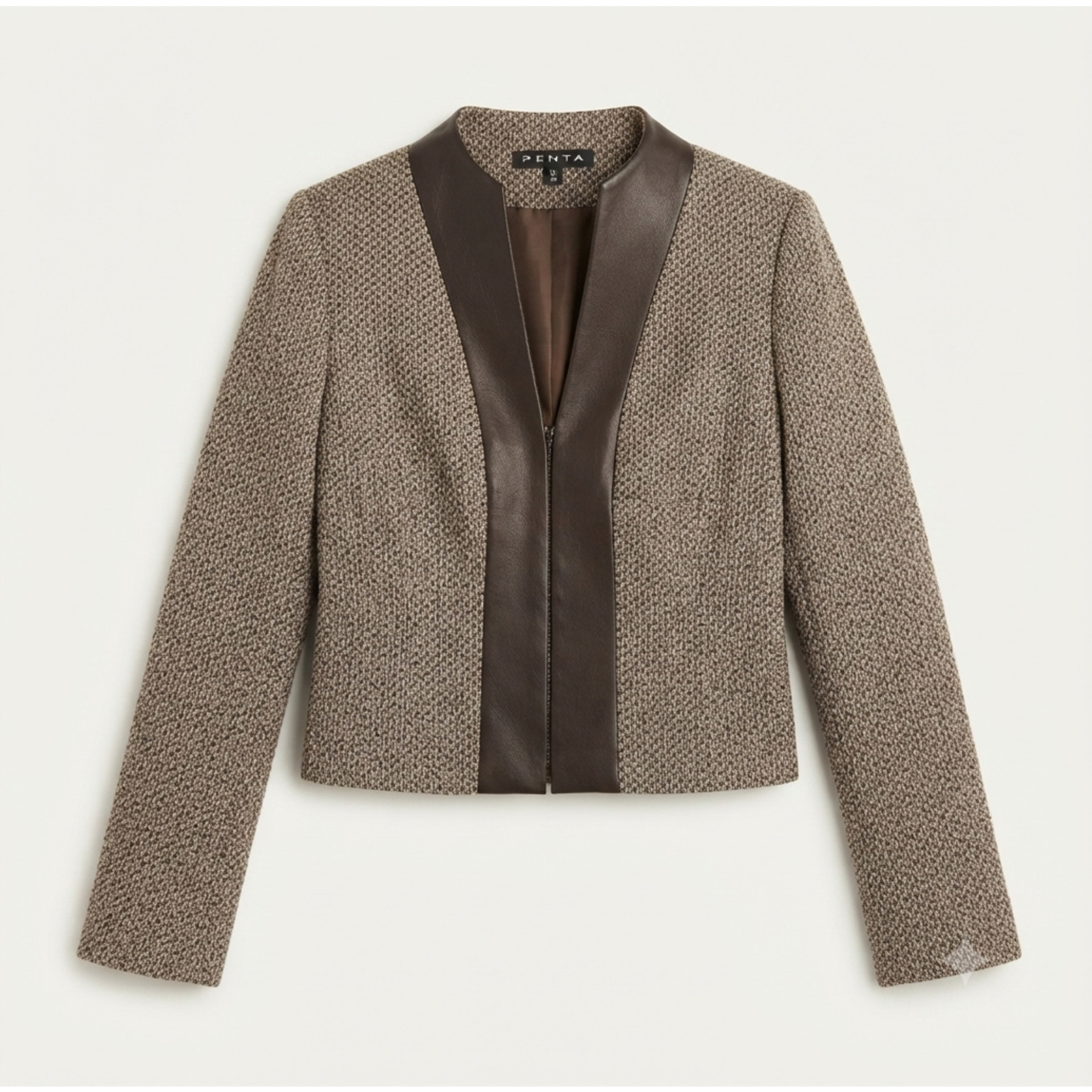 PENTA 100% Wool Tweed Jacket Women’s 6 Genuine Leather Trim Open Front Blazer