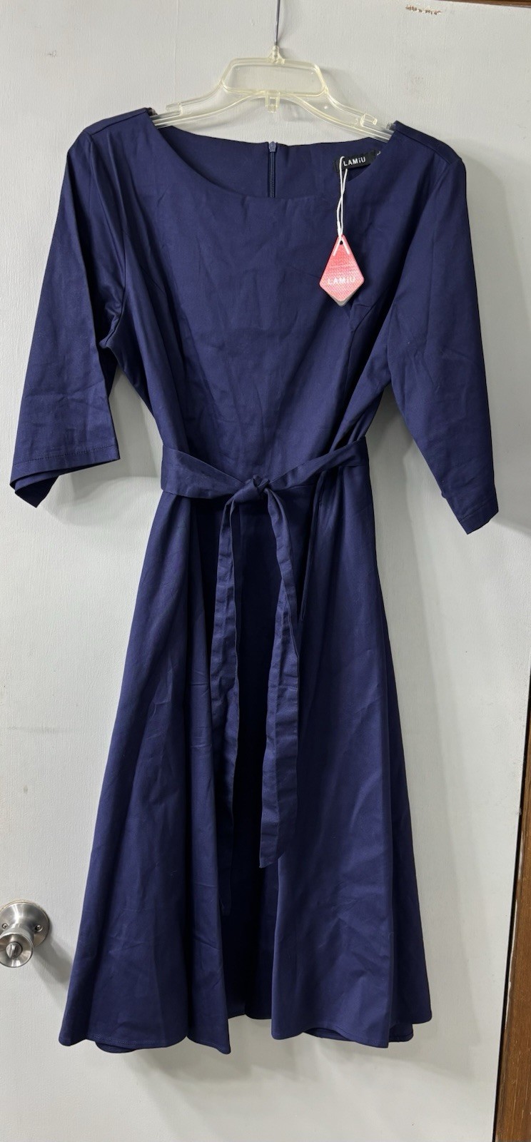Rockabilly Navy Solid Scoop Neck A-Line Midi Dress XL 3/4 Sleeve Belted Bow Zip