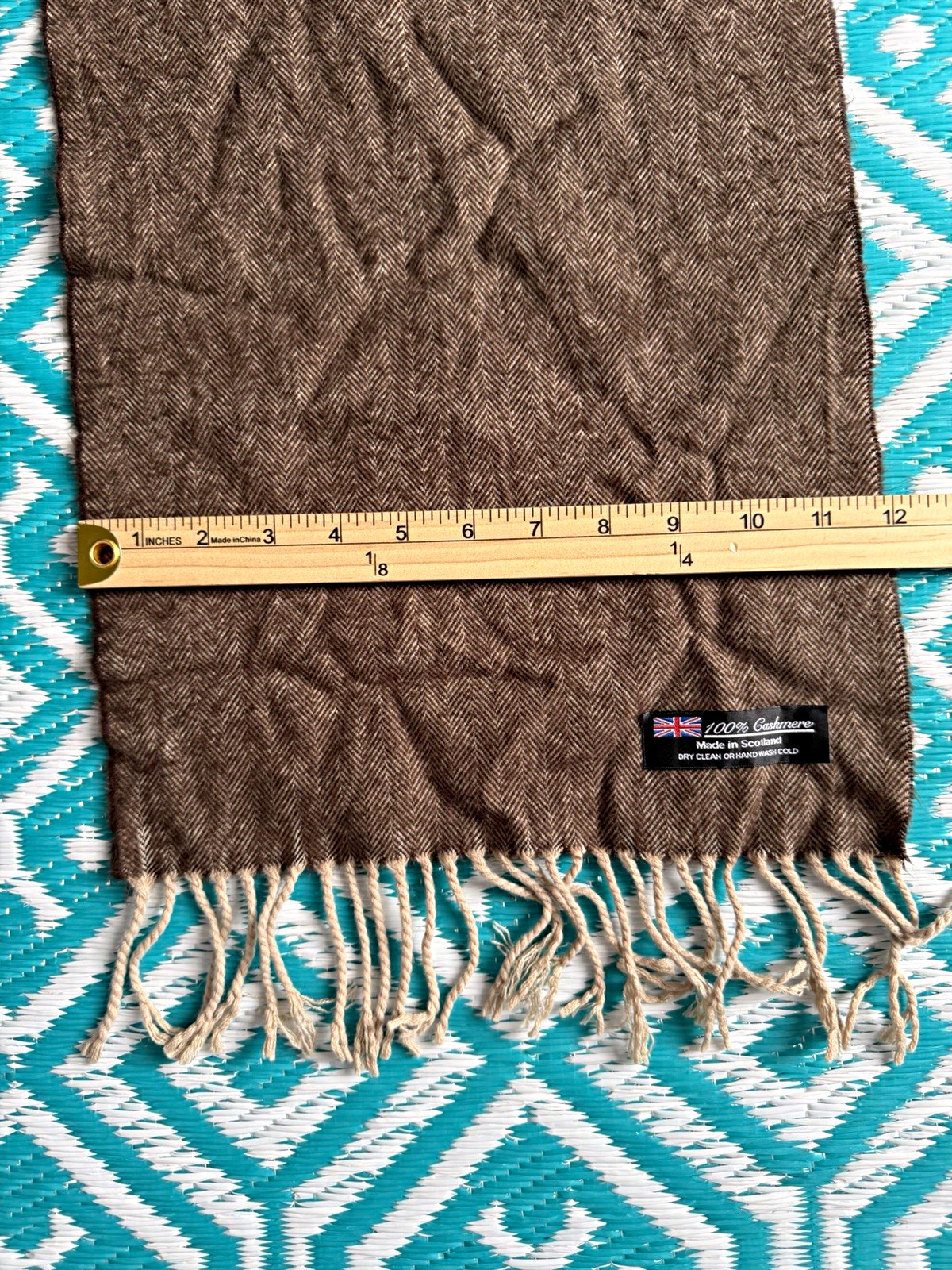 100% Cashmere Scarf Made in Scotland Brown Herringbone Tweed Fringe 64×12