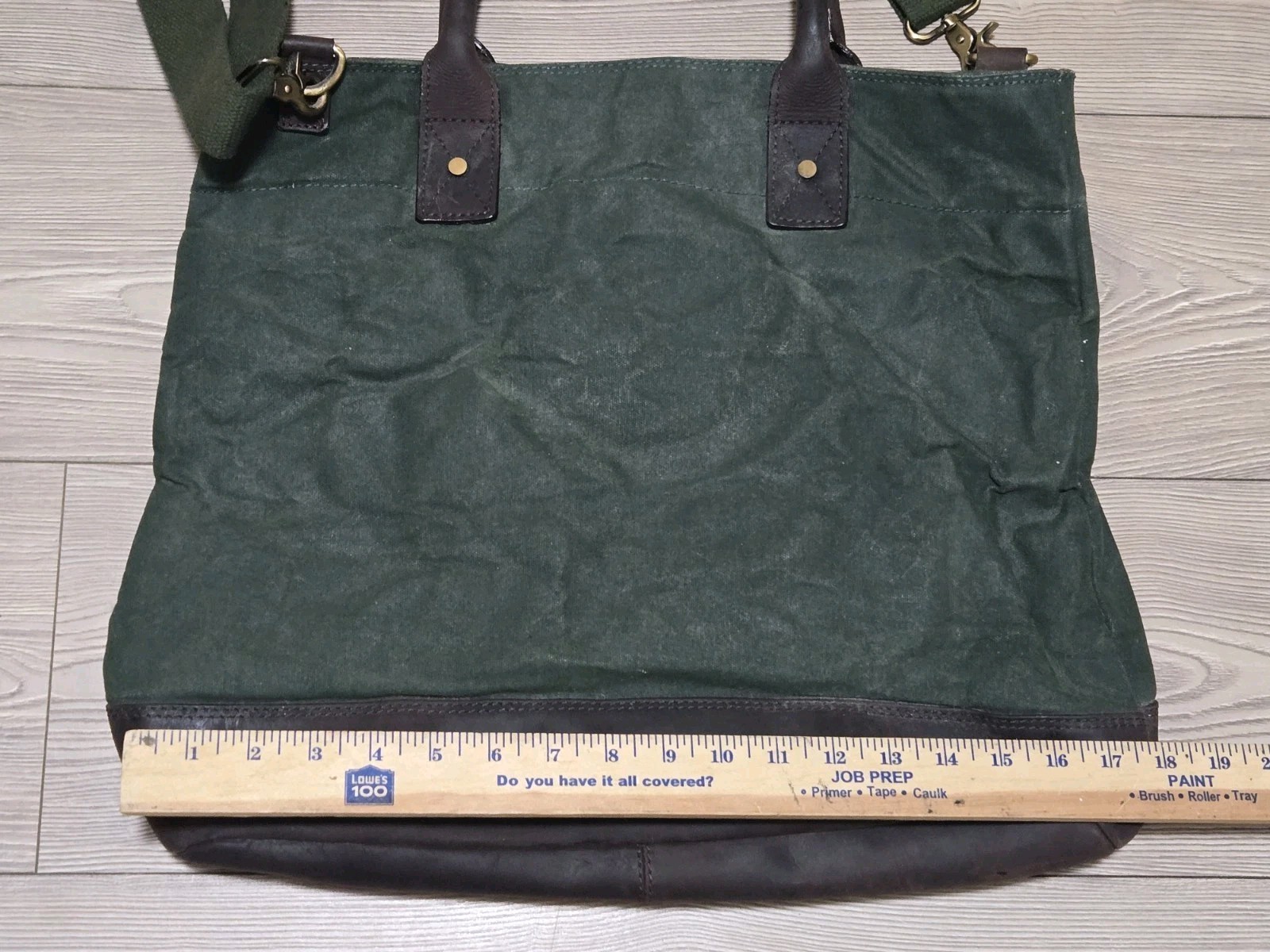 Waxed Canvas Tote Bag Leather Handles Forest Green Medium Size Lined 15″x16″