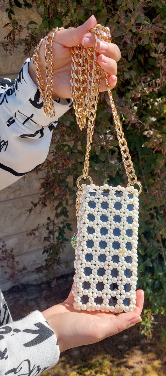 Handmade Pearl Beaded Cell Phone Bag with Gold Chain, Mobile Phone Bag Crossbody