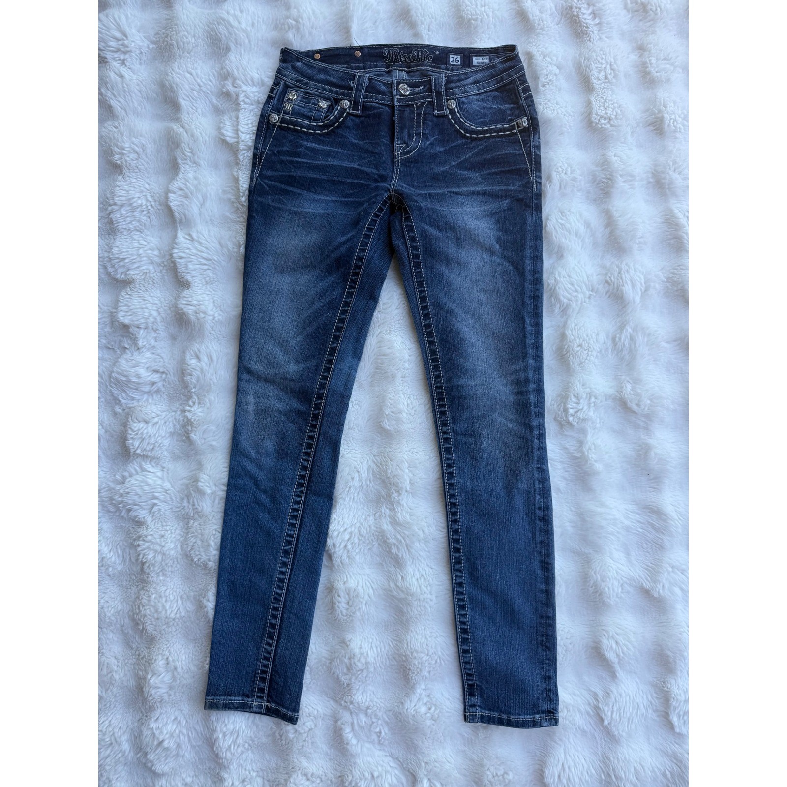 Miss Me Mid Rise Skinny Jeans 26 Dark Wash Wing Embellished Rhinestone Y2K