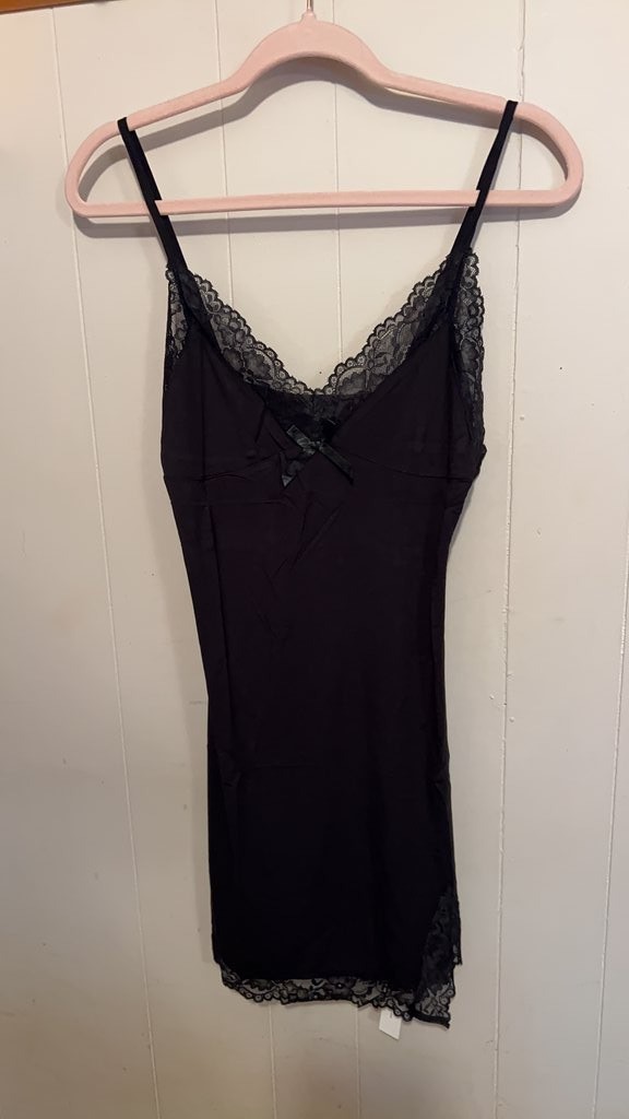 LYANER Black Lace Trim Slip Dress