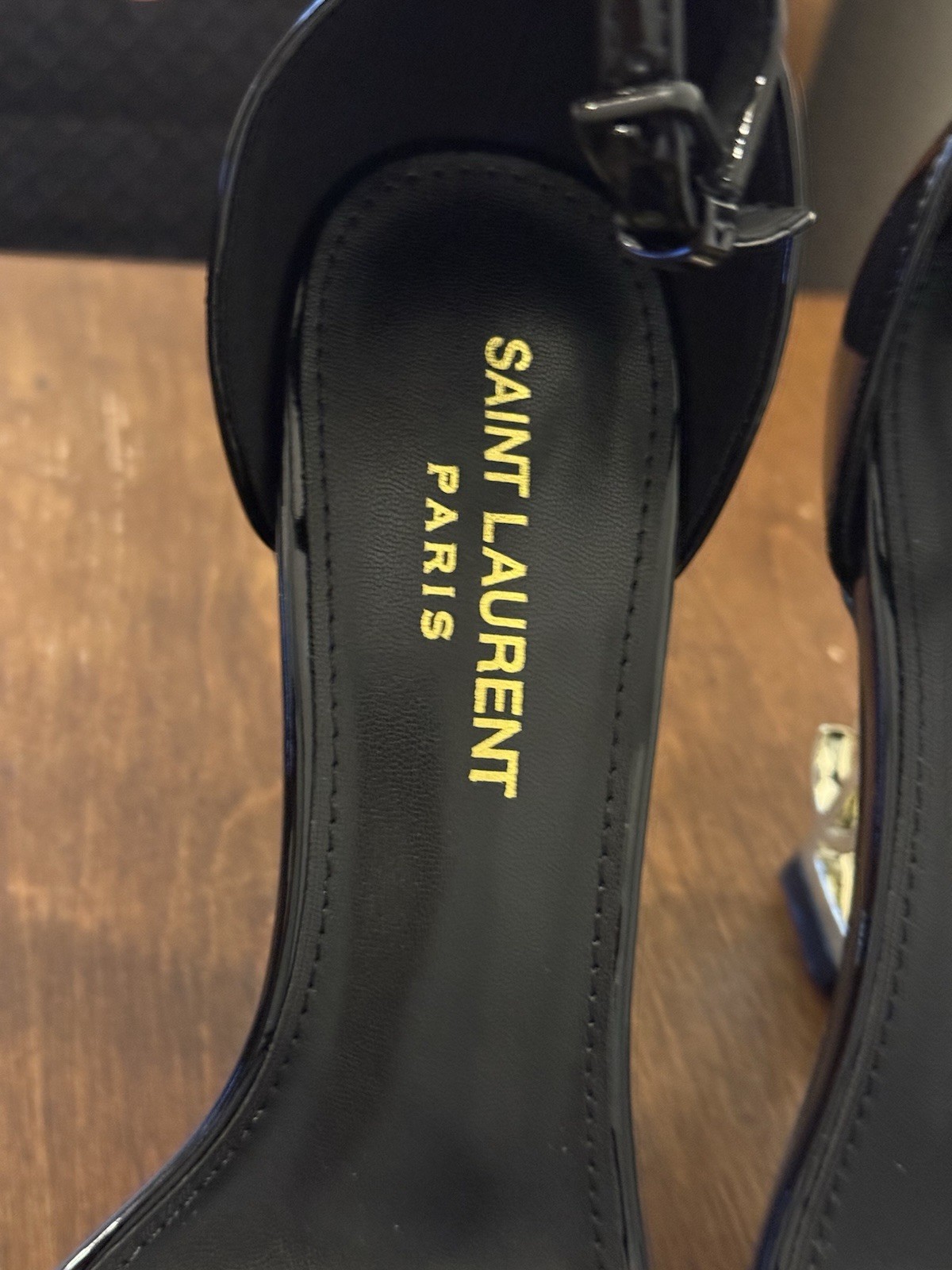 Saint Laurent Black Patent Leather Strappy Square Toe Ankle Strap Logo Heel