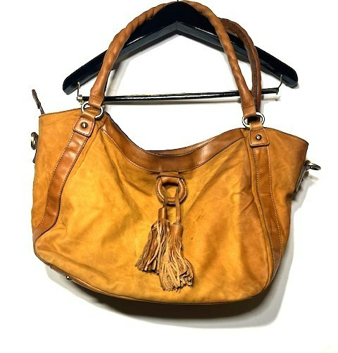 Patricia Nash Distressed Cognac Brown Leather Tassel Bucket Tote Bag