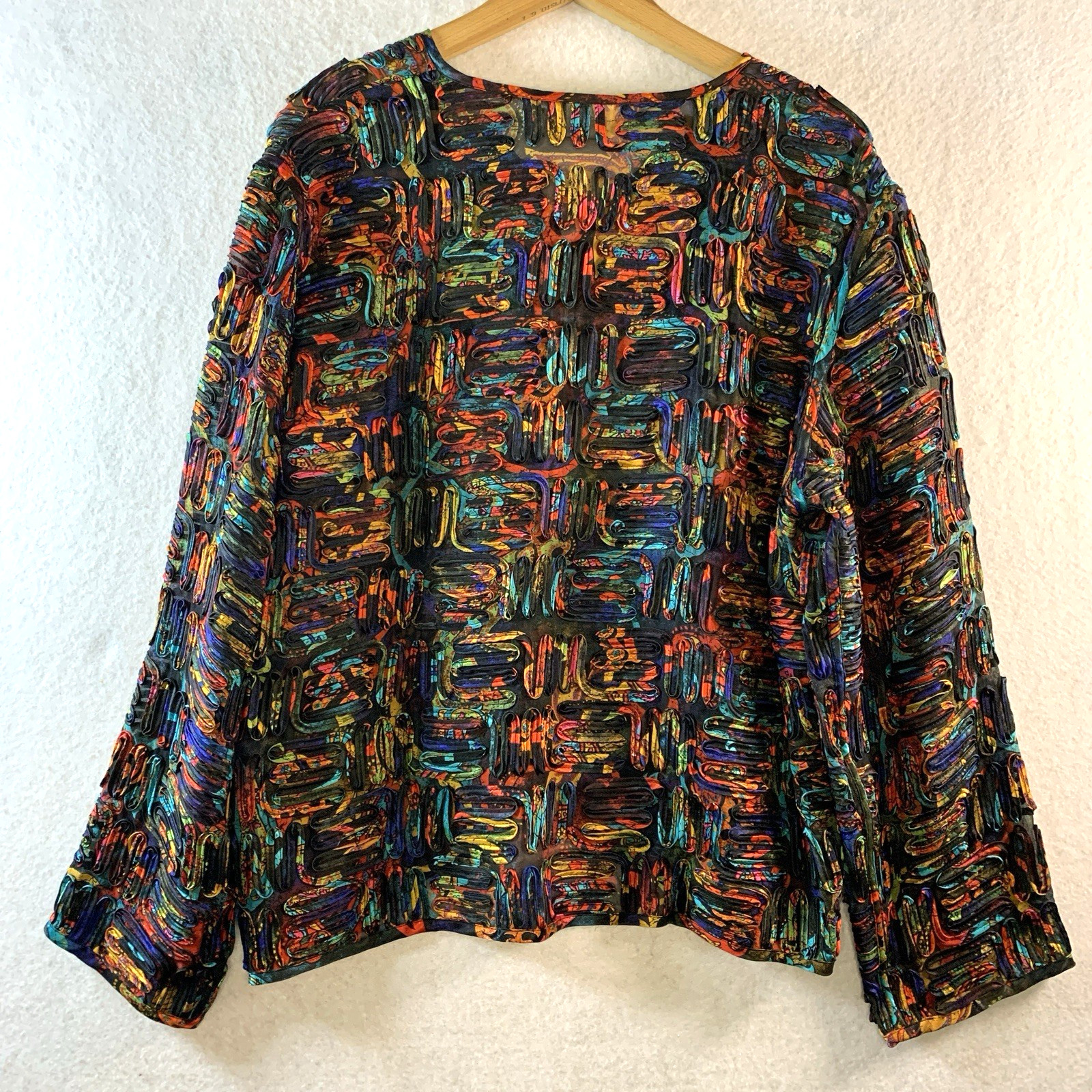 Womens Semi Sheer 100% Silk Top Layer Sz L Colorful Artsian Boho Statement Event