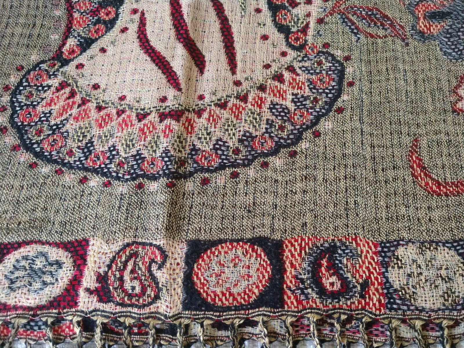 Pashmina Scarf Wrap Shawl Woven Tan Black Orange Paisley Fringe 27 x 68 inches