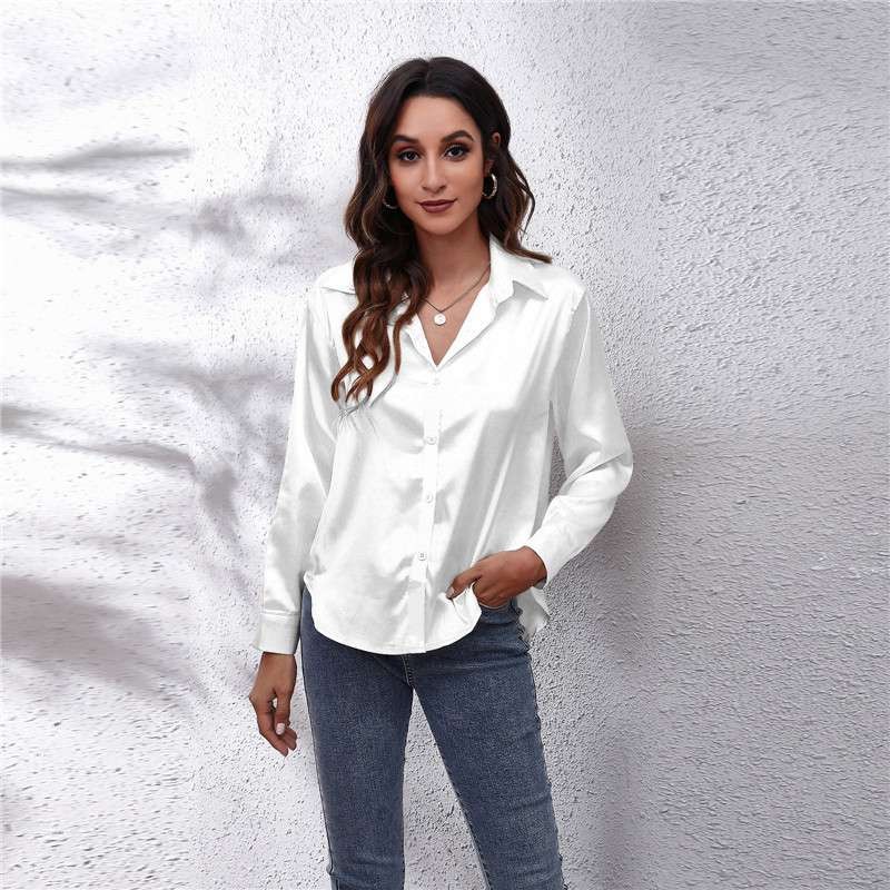 Women’s Shirts Satin Silk Lapel Long Sleeve Button Blouse Top Office Ladies