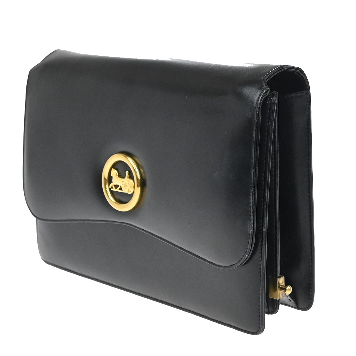 CELINE PARIS Logo Horse Carriage Shoulder Bag Leather Black Gold Italy 38KP606
