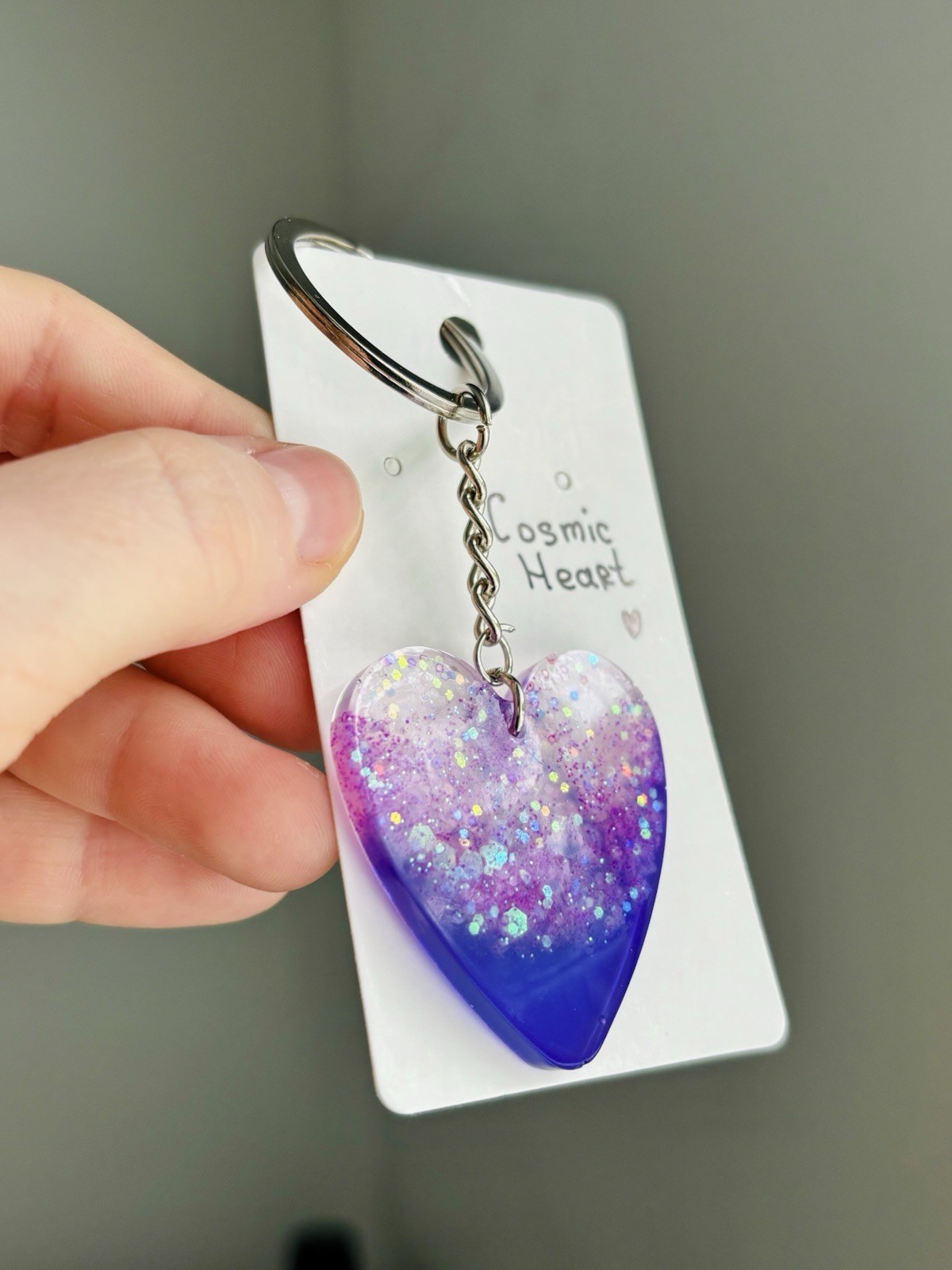 Cosmic Heart Resin Heart Keychain Handmade Purple Pink Glitter Galaxy Bag Charm