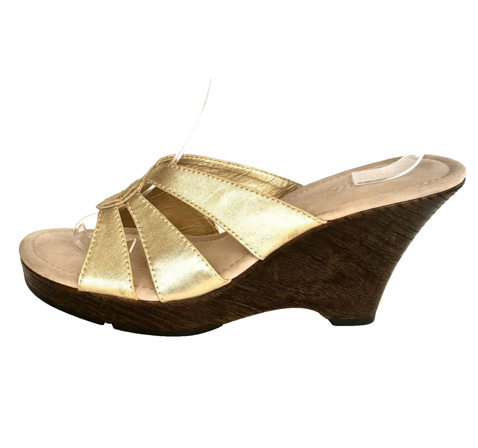 Gold Leather Aerosoles 9M Platform Wedge Comfort Sandals Slides NWOT