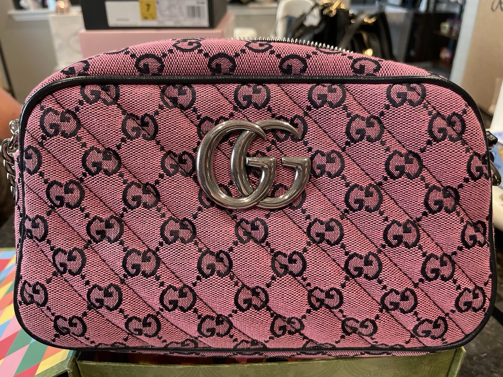 Gucci Marmont GG Pink And Black Canvas Crossbody