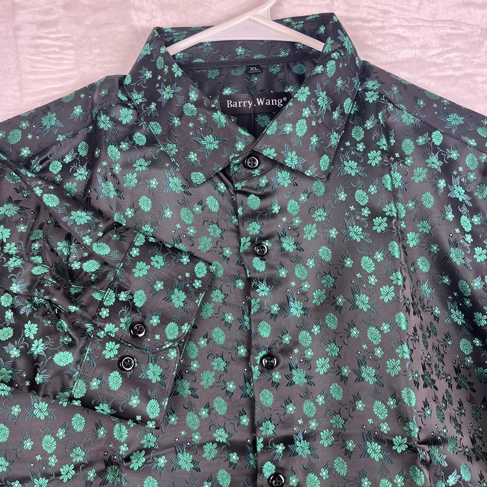 Barry Wang Floral Button Down Shirt Mens XL Black Emerald Green NWT