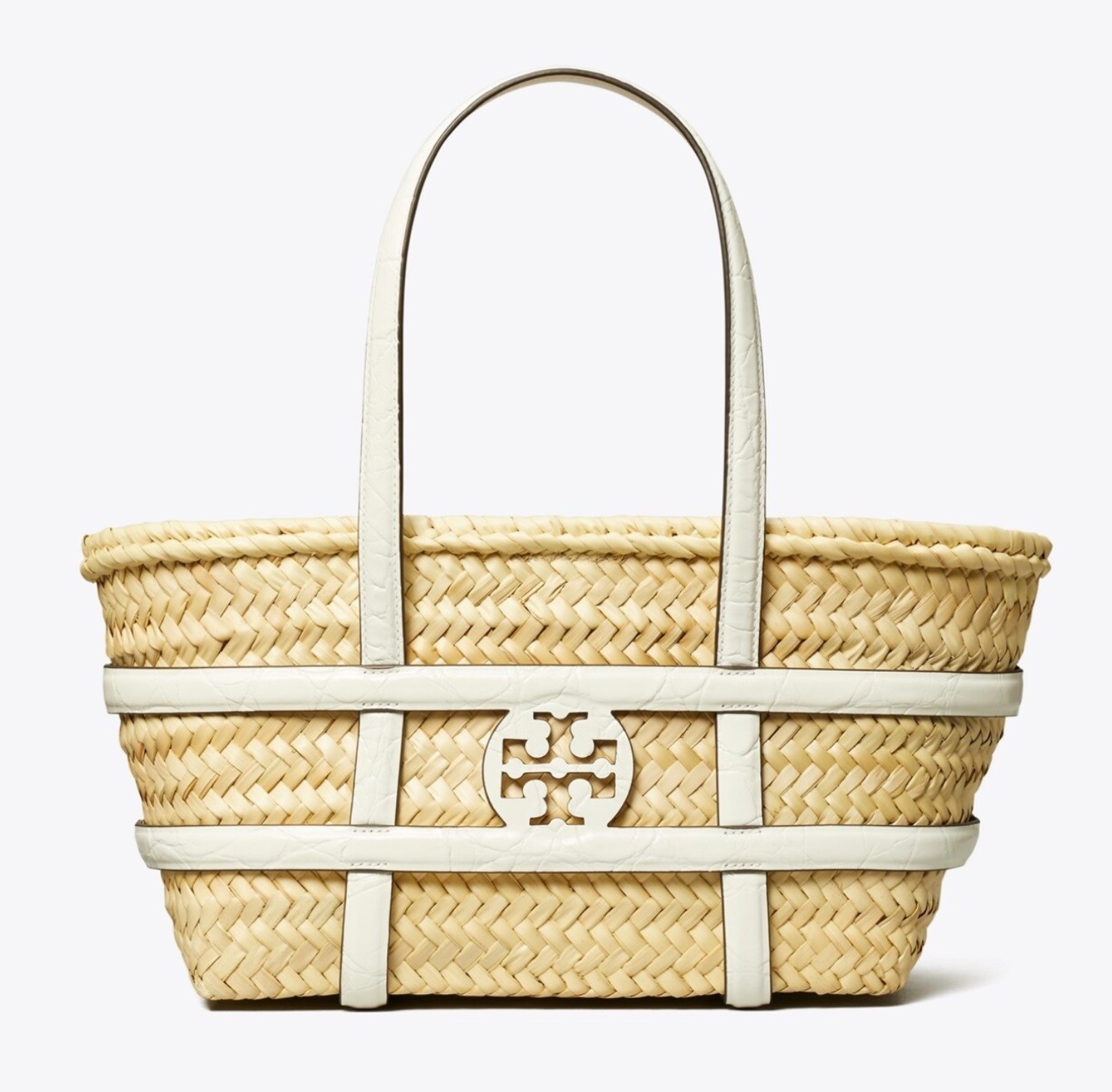 NWT TORY BURCH Small Ella Croc-Embossed Logo Straw Basket Tote WHITE/BLANC $390