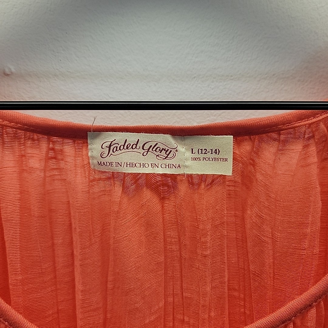 Faded Glory Blouse Women’s Large Coral Peasant 2yk Style Sheer Pleated Top