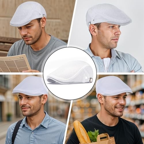 Men’s Mesh Flat Cap, Breathable Summer Newsboy Hat, Adjustable Beret Ivy Cap,