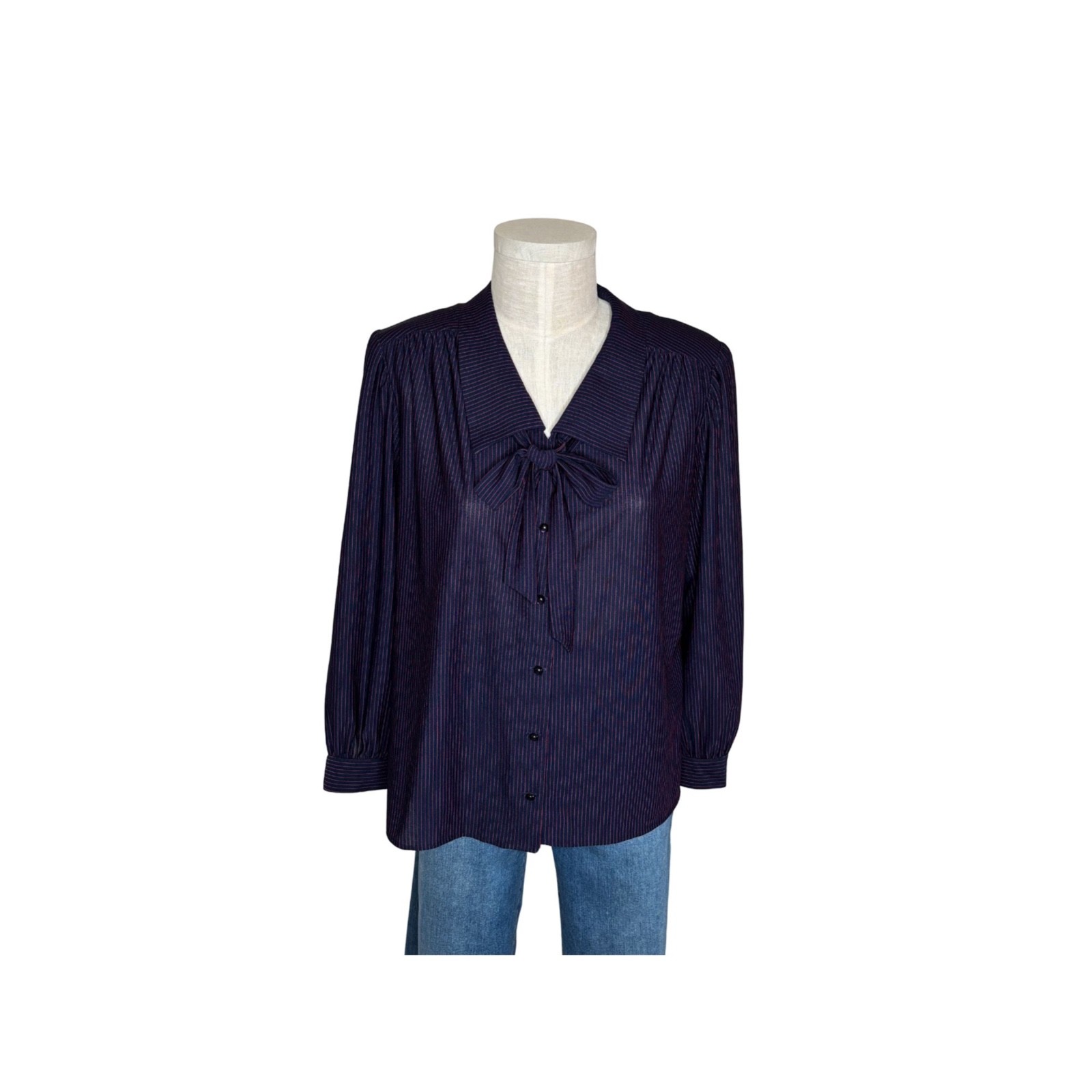 Vintage 80s TopNotch brand blouse, Deep navy and red pinstripe L