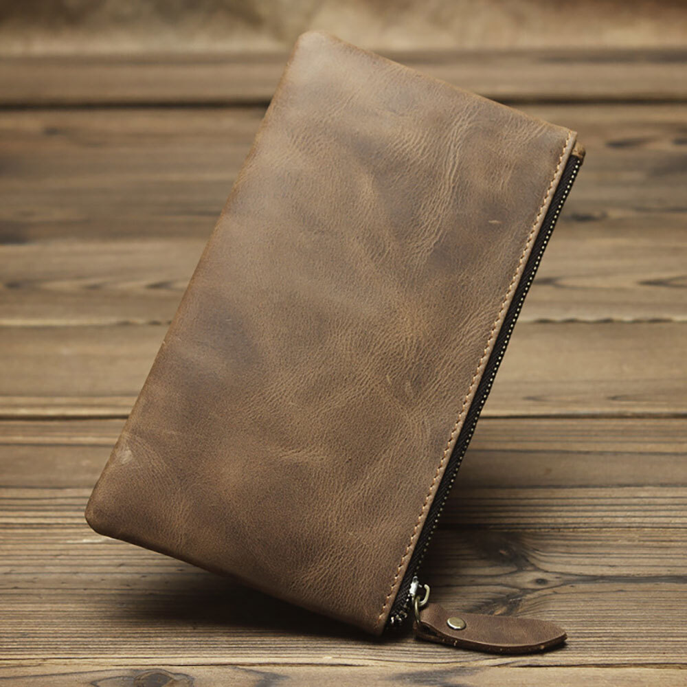 Leather Cash Long Wallet Envelope Zipper Pouch – Money Holder for Men & Women^