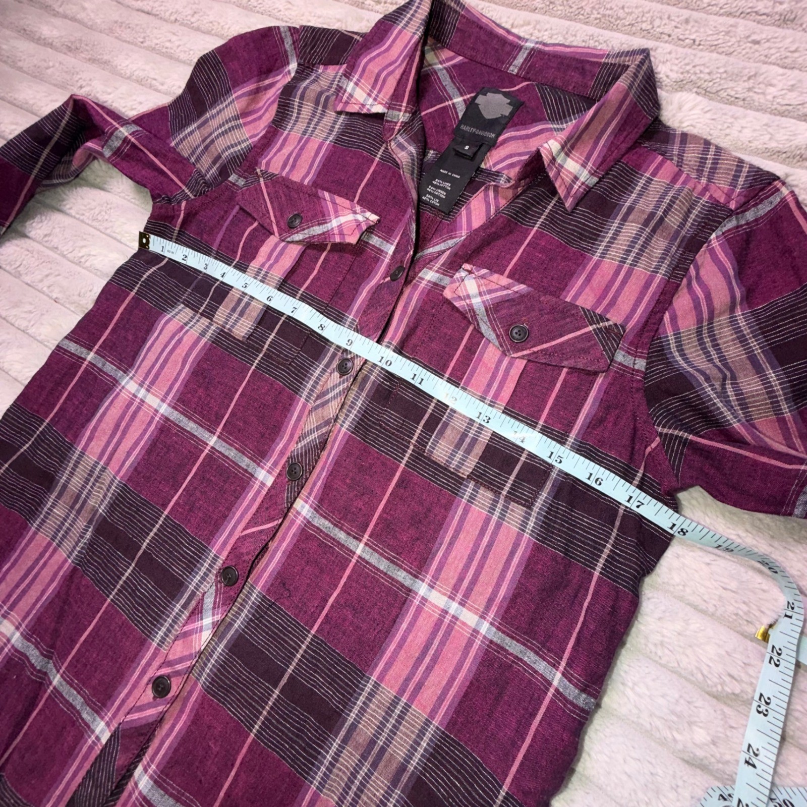 Harley-Davidson Womens Small Purple Plaid Linen Blend Roll Tab Button Down Shirt