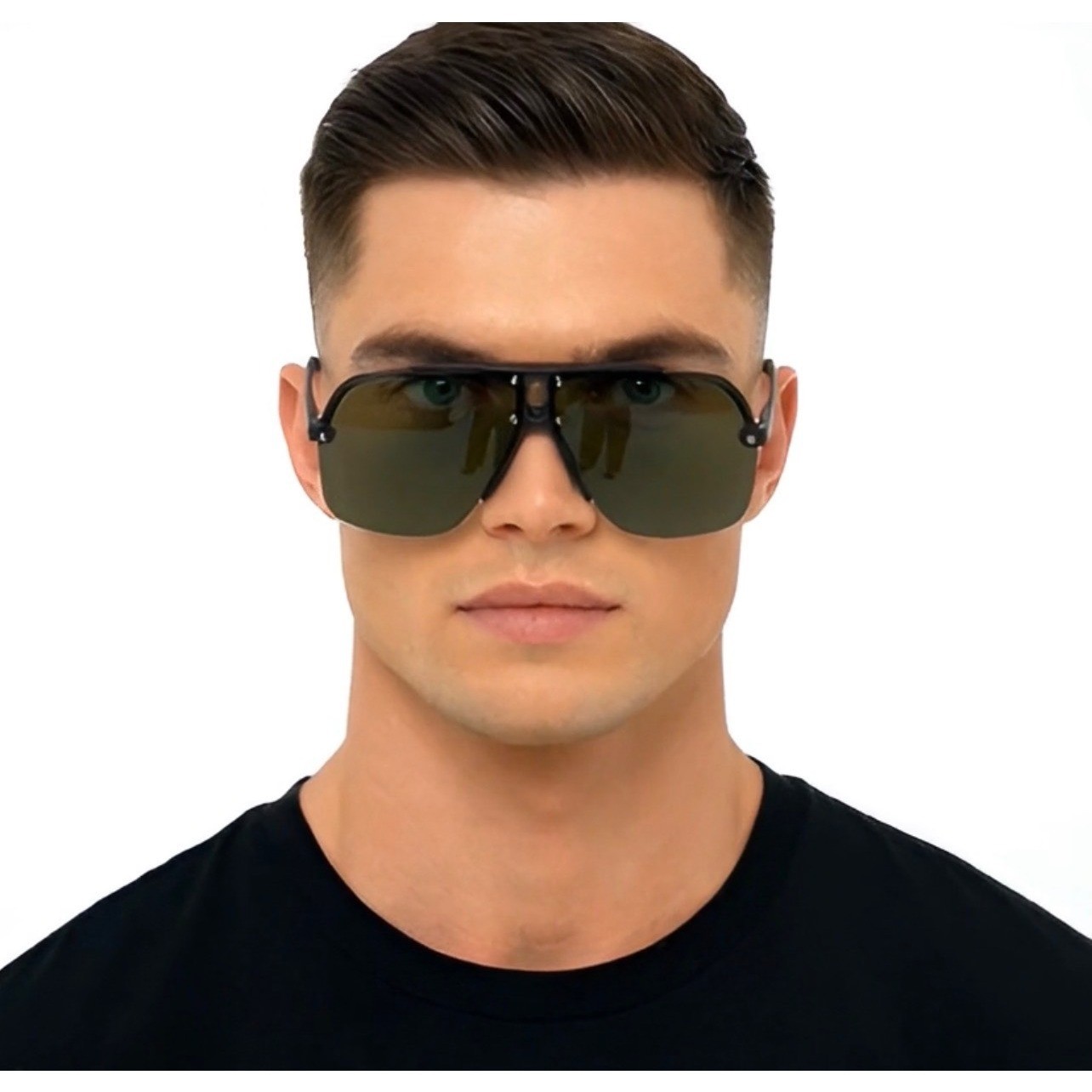 Mens Oversized Shield Hip Hop Sunglasses Matte Black Frame Green Lens Outdoor