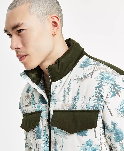 Sun + Stone Men’s Insulated Quilted Puffer Jacket Forest Tree Print Winter Coat